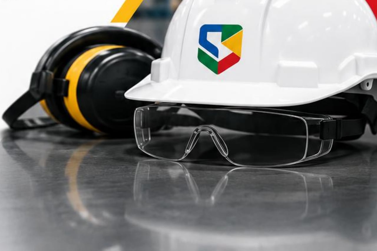Casco de seguridad con el logo de SISSLO, lentes de protección y audífonos